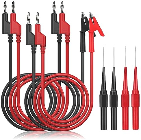 YAMXIN 8-teiliges Multimeter-Messleitungen-Set mit 4-mm-Bananensteckern | 8-teiliges Set mit 2 Doppel-Bananenstecker-Kabeln, 2 Krokodilklemmen-Kabeln und 4 feinen Prüfsonden in Rot/Schwarz