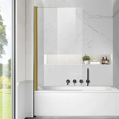 Frameless Tub Shower Door, Clear Tempered Glass Bathroom Shower Door 30 W*55 H, Hinged Foldable Bathtub Screen with Brushed Gold Wall Profile Support