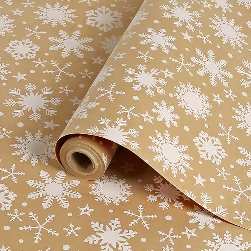 Braunes Geschenkpapier Weihnachten Große Rolle, 43cm x 15m Stern Schneeflocke Geschenkpapier Rolle mit Papierschnur, Recycling Kraftpapier Weihnachtsgeschenkpapier für Geschenke, Kunst & Handwerk