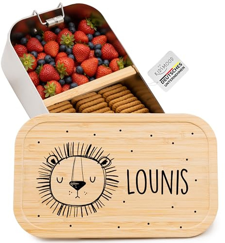 Kidsmood - Brotdose personalisiert mit Namen – Edelstahl Lunchbox mit Fächern für Kindergarten, Schule & Büro mit liebevollem Löwe – Geschenk zur Einschulung für Kinder & Jungen (1100ml)