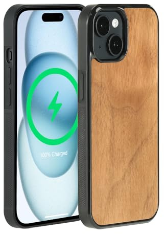 Molzar Grip Series Magnetic Case for iPhone 15 with Walnut Wood, Built-in Magnet Ring for Magnetic Mount, Compatible with MagSafe Chargers and Accessories, Black/Walnut Wood