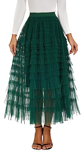 Tüllrock Damen Lang Tüll Rock Tütü Kostüm Karneval Schwarz Petticoat Tanzkleid 50er Vintage Ballet Tanzrock Ballkleid Tanzkleid tütü Rockabilly Halloween Karneval Faschingskostüme Grün