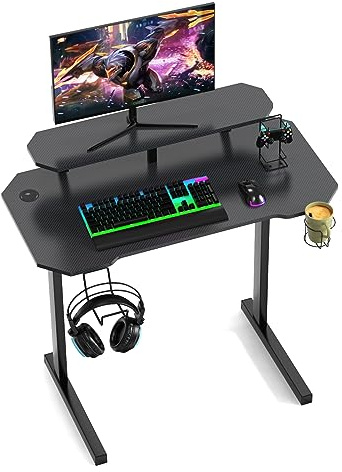 Lvhecforhm T-Scrivania Gaming, Scrivania da Computer con Portabicchieri e Gancio per Cuffie, Tavolo da Gaming Ergonomico 100x55x74cm, Scrivania Computer Nero in Fibra di Carbonio