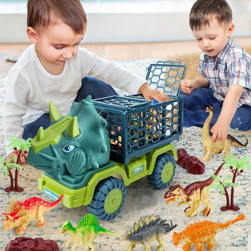 POPOYU Stor Triceratops lastbil lekset med 12 dinosaurier och dinosaurieägg – Jurassic Escape för barn ålder 3-8