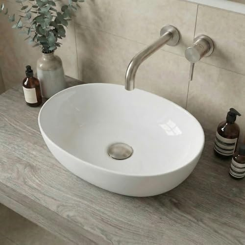 BAYSTONE® Countertop Basin for Bathroom and Cloakroom Hand Wash Basins Sink Modern White Gloss Oval, 505 x 398mm