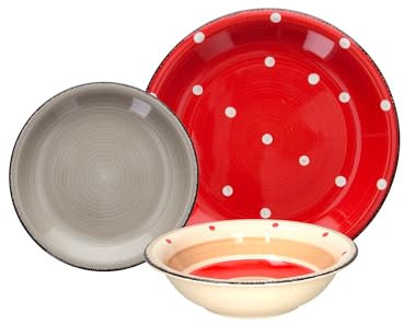 18-teiliges Tafelservice mit Tellern in verschiedenen Größen – 18-teiliges Set mit flachen und tiefen Tellern mit Punkt-Dekorationen, aus Keramik, weiß und rot
