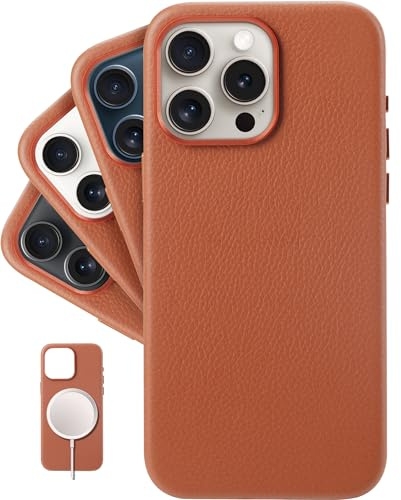 LONLI - Custodia per iPhone 15 Pro – European Genuine Pebble Leather Phone Case with Aluminium Camera Frame [Compatible with Magsafe] – Firestone