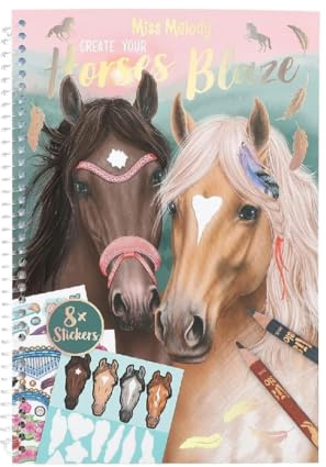 Depesche 12964 Miss Melody Crea Blaze-Libro da colorare con 36 Pagine per disegnare Vari Motivi di Cavalli, Raccoglitore ad Anelli con 8 Fogli di Adesivi, Multicolore