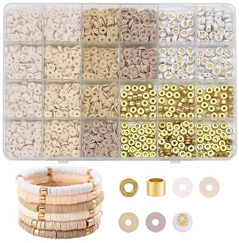XoeLLe Perlen für Armbänder, 2064Stück Perlen Auffädeln Tonperlen (Beige) | Perlenset Buchstabenperlen Clay Beads Machen Perlen Bunte Selber Perlen Geschenke Weihnachten Geburtstage Halsketten