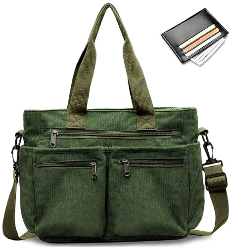 Tokeya Handtasche Damen Cord Umhängetasche mit Mehrere Taschenfach | Mittelgroß Tote Bag, Kord Crossbody Bag Frauen, Shopper Schultertasche Damen, Arbeit Büro Reisen Einkaufen Schule