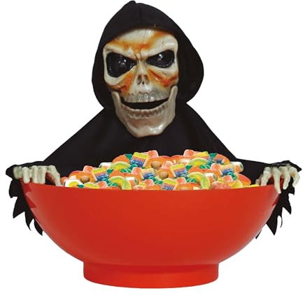 FIESTAS GUIRCA | Bol de Esqueleto con Luz, Sonido y Movimiento (24x23 cm) - Decoración de Mesa Reutilizable para Fiestas de Halloween y Celebraciones de Terror - Ambientes Escalofriantes - Naranja