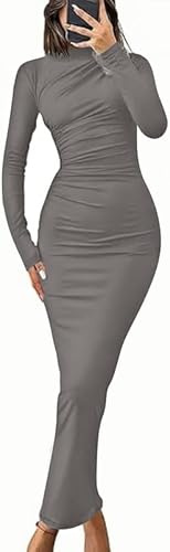 Haibang Damklänning elegant långärmad bodycon-klänning lång sexig klänning bodycon maxi stretch klänning cocktailklänning för ceremoni kväll fest klubb fest klubb casual, Ljusgrå, M