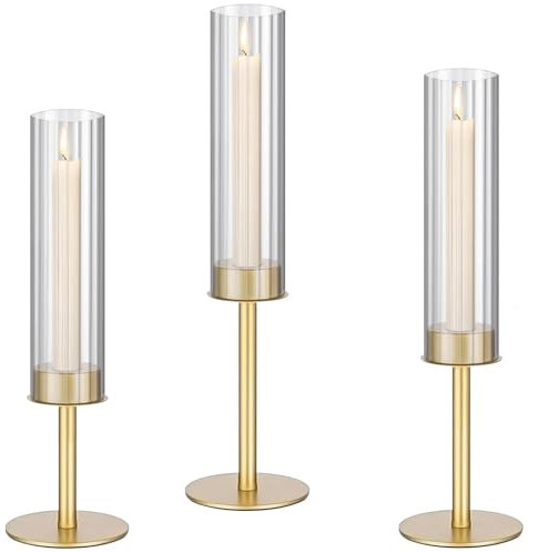 Goldener Hurrican-Kerzenhalter, konisch gestreifte Glasabdeckung, Kerzenständer, hohe Messing-Kerzenstabdekoration für Tisch, Tafelaufsatz, Hochzeit, Abendessen, Party im Innen- und Außenbereich, 3