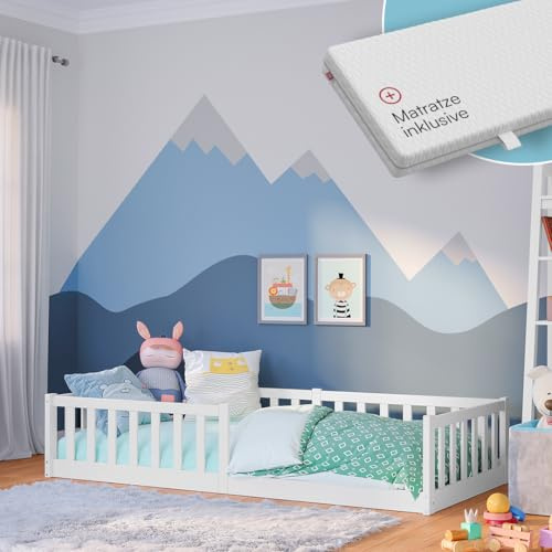 Bellabino Vere Bodenbett 90x200 cm, Massivholz Kiefer, mit Matratze, Weiß | Montessori Kinderbett mit Rausfallschutz & Lattenrost, Massivholzbett für Jungen & Mädchen aus Holz Kiefer, Kleinkindbett