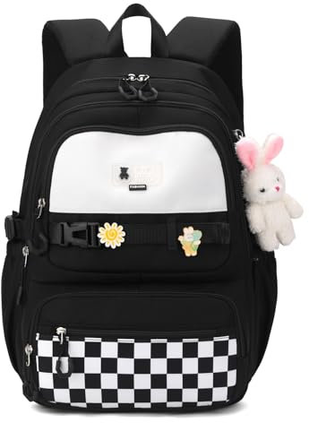 Amythe Schulrucksack Mädchen Rucksack Schule Teenager mit Niedlichem Anhänger, Leichter Wasserdicht Daypack, 29 Liter Modisch Schultasche Mädchen für Schule oder Reisen -Schwarz