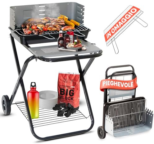 Avilia Barbecue a Carbonella Portatile Pieghevole in Acciaio - Barbecue con Griglia 54x38cm e 2 Ruote per Facile Trasporto - Barbecue Portatile per Grigliate in Giardino e Campeggio - 60x80x84cm