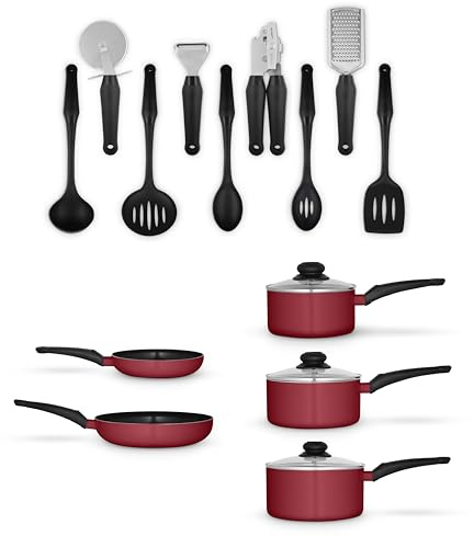 Swan Townhouse 14 Piece Aluminium Cookware and Tool Set with 16/18/20cm Saucepans with Glass Lids and 20/26cm Frying Pans, Red
