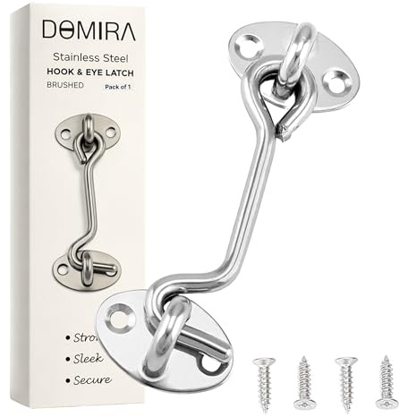 Domira Hook & Eye Latch - Heavy Duty Stainless Steel Door Lock | 3, 4, 6, 8 Inch | Gate Hook and Eye Latch for Doors, Sheds, Windows, Barns, Sliding Doors, and Wooden Gates (Chrome) (4 Inch)