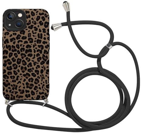 Xylota Coque pour iPhone 15 6,1'' avec Cordon, Aesthetic Motif Etui avec Réglable Collier Corde, Silicone Caméra Protection Portable Lanyard Antichoc Housse Bumper Case pour iPhone 15, Léopard 01