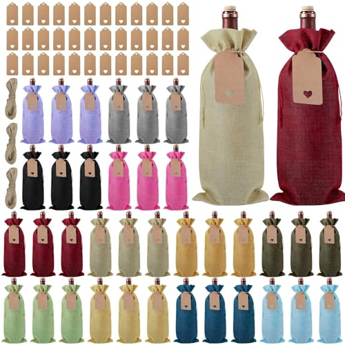 36 Stück Jute Weinbeutel mit 36 Geschenkanhängern, Wiederverwendbare Sackleinen Wein-Geschenkbeutel, Weinflaschenbeutel, Weinbeutel für Hochzeit, Party, Blindverkostung