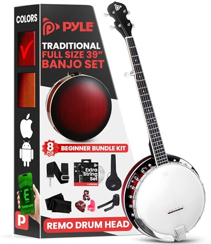 Pyle Banjo Kit with Remo Head and Sapele Resonator, 39 Full Size Traditional Open or Closed Back 5 String Instrument with 24 Brackets, Geared 5th Tuner Peg, and Premium Accessory Kit, Red Burst