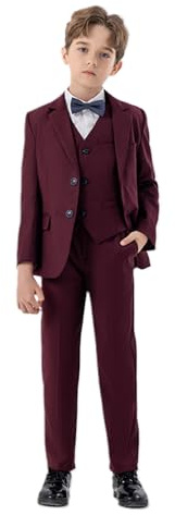 Sailor Suit Children's Boys Business Suits Coat 4-Piece Outfit Tuxedo Set for Children Formal Suit for Boys with Vest Trousers White T-Shirt Child, Wine Red, 10-11 Years