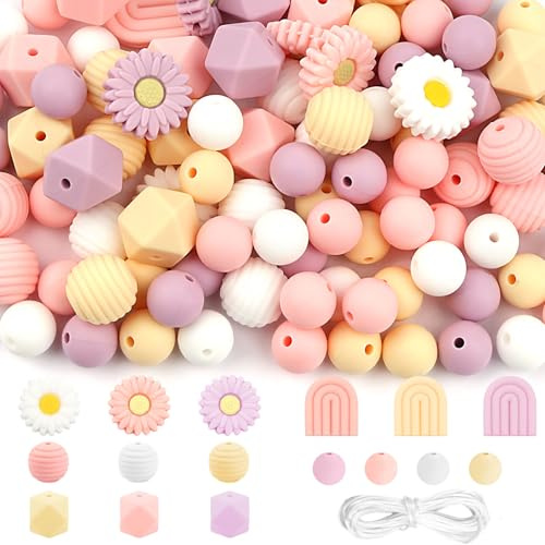 100 Stück Blumenförmige Silikonperlen, Rosa Gänseblümchen Silikon Perlen | Rund & Polygonal Bastelperlen, mit Nylonseil, für DIY Sonnenfänger Armbänder Stifte Schlüsselbund Handwerk Herstellung