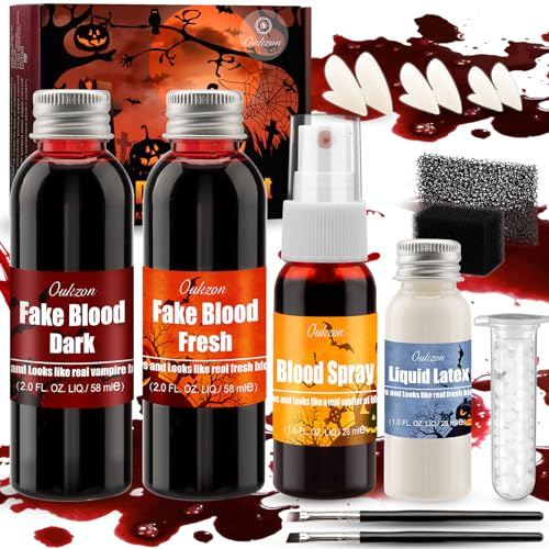 Oukzon Kunstblut Halloween, Halloween Schminke Erwachsene Kinder - 58ml + 58ml Fake Blood, 28ml Blut Spray, Latexmilch, Vampirzähne, Realistisch Wunden Narben Make Up Kit für Zombie Vampir