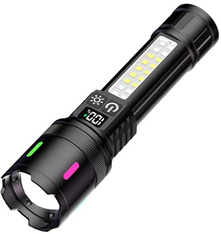 CAMPSLE Rechargeable Torch – LED Zoomable Flashlight with COB Side Light, 9 Modes, USB Fast Charge, IPX4 Waterproof