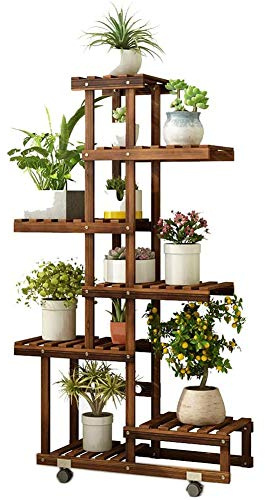 Vielseitiger Pflanzenständer aus Holz auf Rädern – Rustikales Blumentopfregal für drinnen und draußen und Leiterregal für Garten, Terrasse und Heimdekoration – stilvolle Display-Lösung