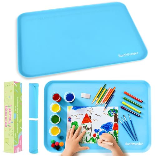 BuntWunder Silikonmatte Groß, Bastelunterlage mit Erhöhten Kanten, 61 x 41 cm Malunterlage für Kinder, Silikonmatte zum Basteln, Mehrzweck-Tischmatte, Platzset, Haustier Fütterung Matte (Blau)