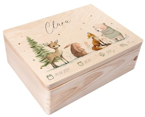 Creative Deco Erinnerungsbox Baby Personalisiert mit Namen - Tiere Wald | Individuelle Erinnerungskiste Geschenk zur Geburt für Mädchen und Jungen | Holzkiste mit Deckel Zeitkapsel | Farbdruck