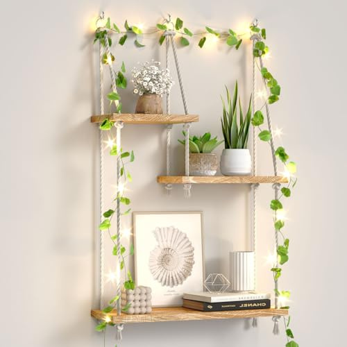 FKSLIFE 3-stufiges Wandregal Holz für Pflanzen,Makramee Wandbehang Regal Wand für die Wand,Boho Deko Schweberegal Handgewebte Treibholz Hängeregal Für Wohnzimmer Schlafzimmer Badezimmer