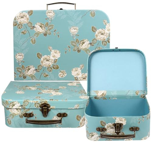 Hemobllo Maletas De Cartón Para Niños Decorativas De Cartón Con Asas Metálicas, Tamaño Mediano, Diseño Con Estampado Floral Azul, Juego De 3 Piezas, Cajas Almacenamiento Para Manualidades y Regalos