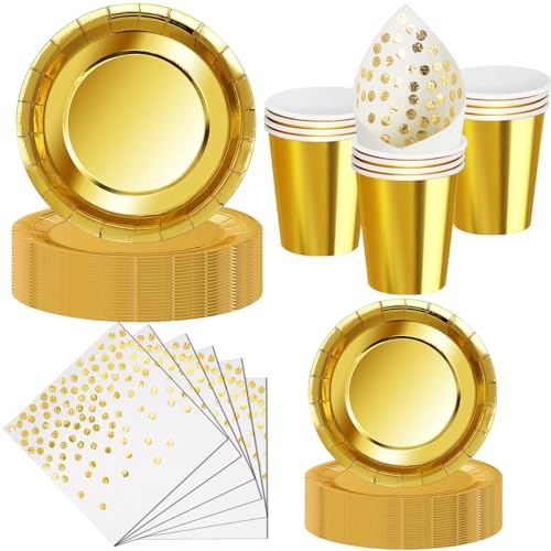 Nkaiso Set de Vaisselle Jetable 50 Pièces Doré - 10 Assiettes 23cm, 10 Assiettes 18cm, 10 Gobelets, 20 Serviettes - Pour Mariage, Anniversaire de Mariage, Cérémonie - 10 Invités
