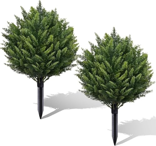 ANTPO 24 Artificial Cedar Topiary Ball Trees with Ground Spike, Set of 2 Faux Cypress Plants UV Resistant Artificial Pine Shrubs Fake Bushes for Outdoor Indoor Front Porch Garden