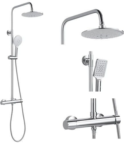 Duschsystem mit Armatur Chrom Runden Duschset ohne Thermostat aus Messing | Duscharmatur Komplettset Höhenverstellbar 80-117cm, Duschamaturenset mit 22 cm Regendusche, 3 Strahlarten Handbrause, 150mm