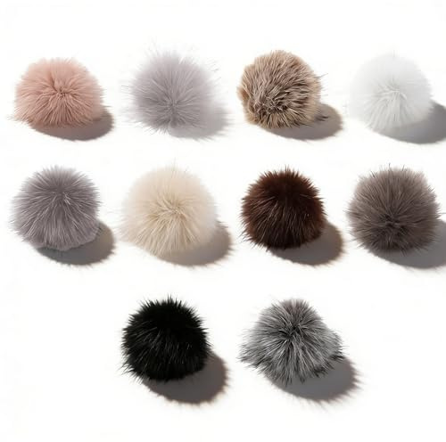 10 Stück Fellbommel, Kunstfell Bommel Fellbommel für Mützen 10 Farben Künstlicher Haarball Pompon mit Elastischer Schlaufe für Strickmütze Schals Tasche Schlüsselbund Dekoration Zubehör