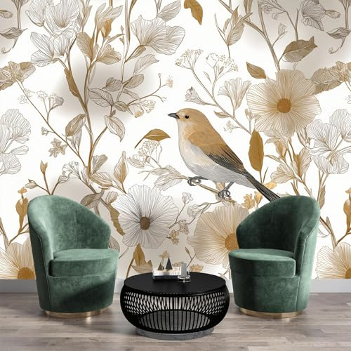 Carta da parati fotografica Uccelli Fiori Eleganza Lusso 400 x 280cm Seta Murale Decorazione Soggiorno Camera De Letto Sala Ufficio Poster Design Carta per pareti Marrone Chiaro