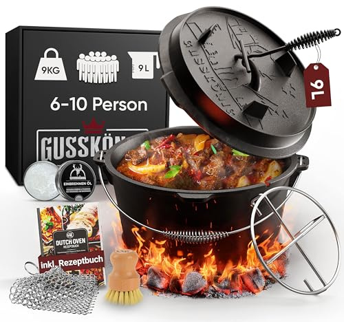 GUSSKÖNIG Essential Line Dutch Oven Set[für 3–6 Person]–7,5L Topf & 1,5L Deckel, eingebrannter Feuertopf ohne Füßen, inkl. Deckelheber, Ringreiniger, Pflegepaste, Bürste & Rezeptbuch–30 Jahre Garantie
