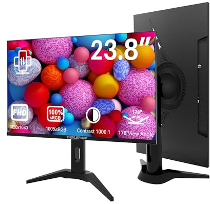 Thinlerain 24 Zoll PC Monitor 1920x1080p LED Bildschirm Computer Display AMD FreeSync, 100% sRGB, VGA/HDMI/AV/BNC/USB Eingebaute Lautsprecher, 60hz, 5ms, VESA, Schwarz