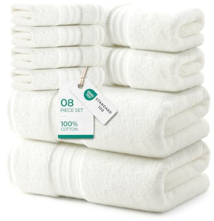 REDKISS 8 Piece Towels Set with Hanging Loop-Quick Drying & Soft, Off-White | 100% Cotton. Absorbent & Skin Friendly ,OEKO-TEX,600 GSM, 4x Face 2x Hand 2x Large Bath Towels for Bathroom & Gym