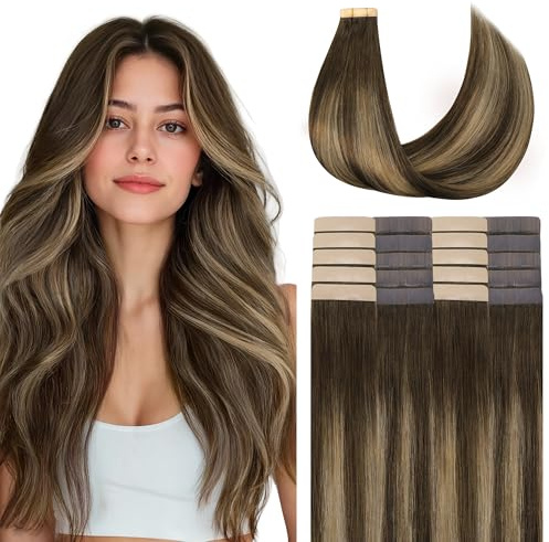 GOO GOO Tape in Extensions Echthaar, 20pcs 50g 40cm Balayage Schokolade Braun Mxied Karamell Blond, Real Remy Echthaarverlängerungen extensiontion echthaar tape in