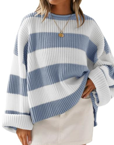 ZESICA Women's 2026 Fall Long Sleeve Oversized Striped Color Block Comfy Loose Crew Neck Knitted Pullover Sweater,Blue,Small