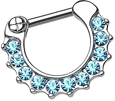 Taffstyle Piercing Clicker Scharnier Ring Tribal Spikes mit Kristall Septum Tragus Helix Ohr Nase Nasenring Nasenpiercing 1,6mm Silber Aqua