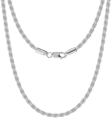 LeCalla Solid 925 Sterling Silver Italian 3 MM Diamond-Cut Twisted Braided Rope Chain Necklace for Men and Women 22 Inches | Jewellery Gift for Fathers Day