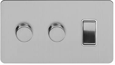 Soho Lighting Brushed Chrome Flat Plate 3 Gang Light Switch with 2 Dimmers (1x2 Way Light Switch with 2x Trailing Edge Dimmer) Wht Ins Screwless
