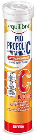 equilibra Integratori Alimentari, Più Propoli con Vitamina C, Integratore per la Normale Funzione del Sistema Immunitario, Propoli e Vitamina C, Gusto Arancia, 20 Compresse Effervescenti