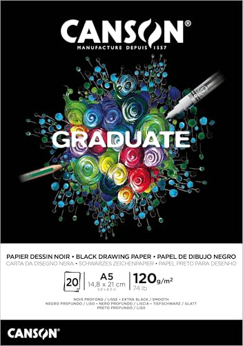Canson Graduate Papier dessin noir,album collato lato cortocarta da disegno nera,liscia,A5,20 fogli,120 g/m