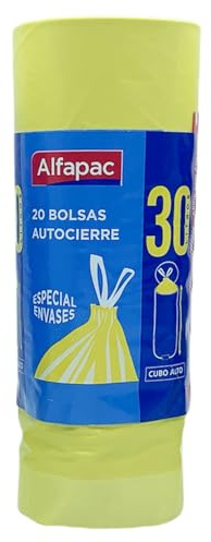 Alfapac - Rollo de 20 bolsas de basura autocierre 30 L de capacidad especiales envases y cubos altos 50x75 cms, color amarillo